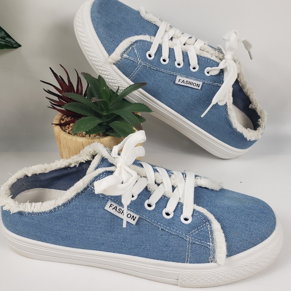 Fashion Denim White Raw Fringe Tennis Sneaker